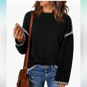 Black Crewneck Sweater With Contrast White Stitch